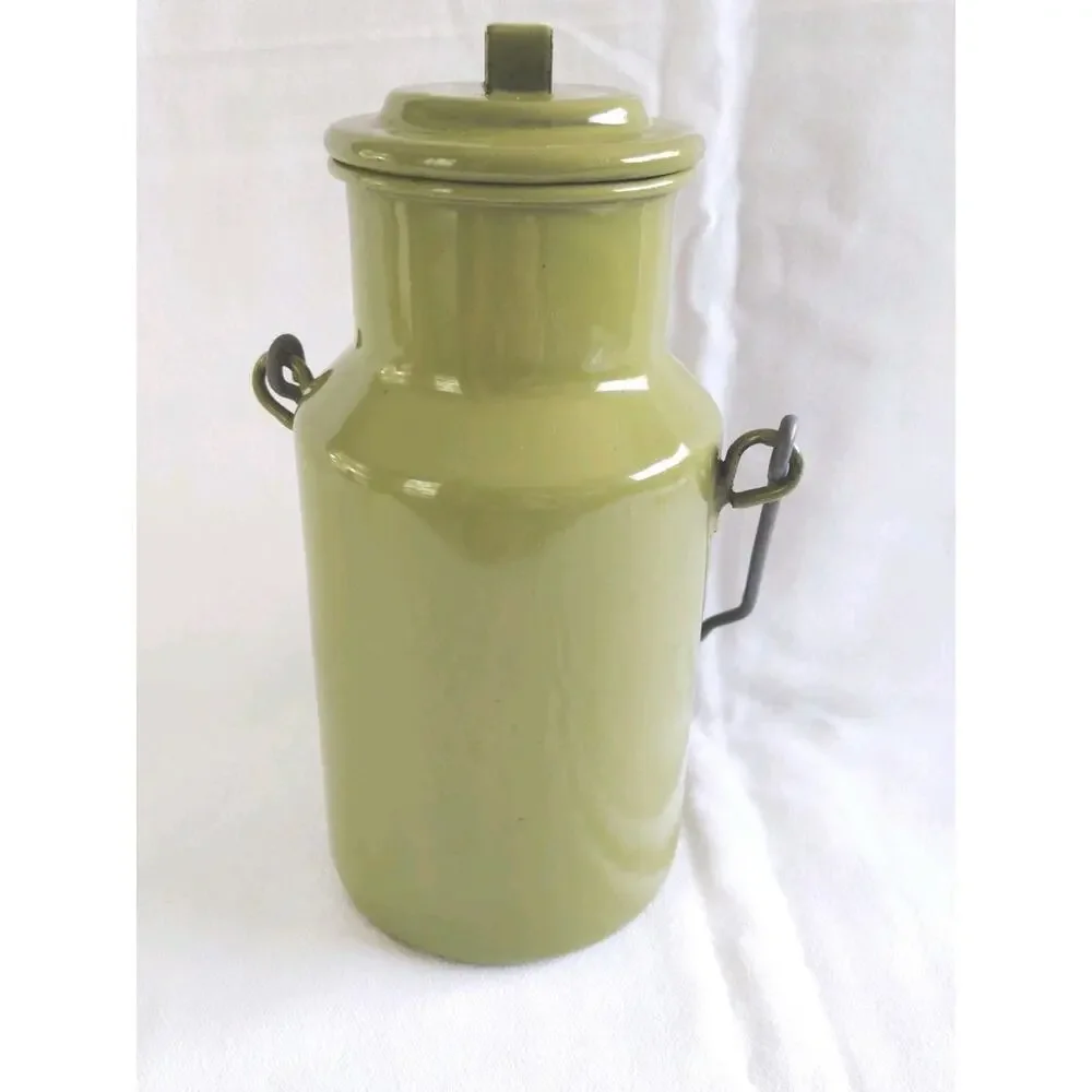 Vtg Grandmere Enamel Milk Can Container Avocado Green Wood Handle